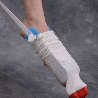 Semi-Rigid Sock Aid GARTER with Web Handles In Use